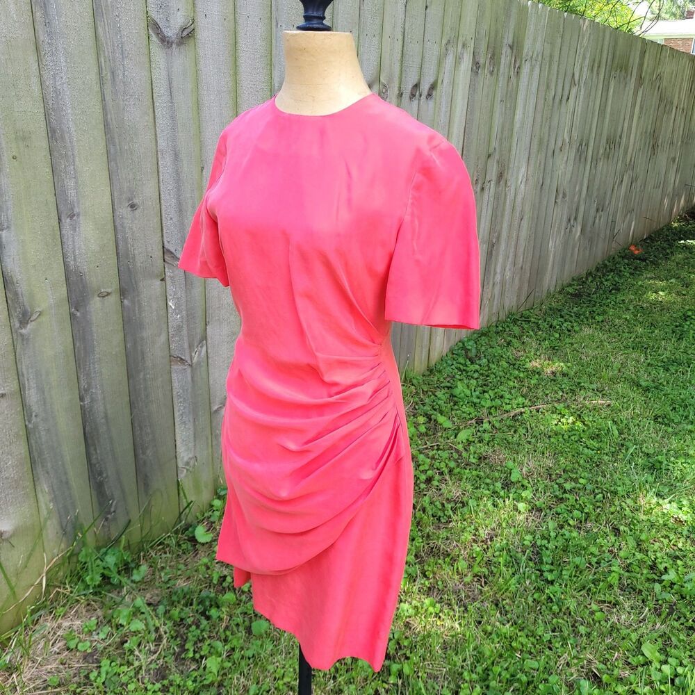 Vtg Silk Faux Wrap Gathered waist Dress Jones New York 4 Coral garden party
